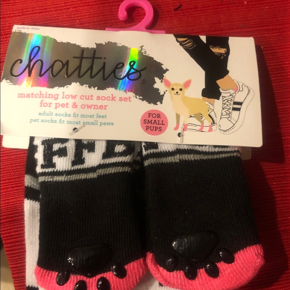 Chatties Pet & Owner matching Sock Set. Black White Pink Stripes. 4 small pups